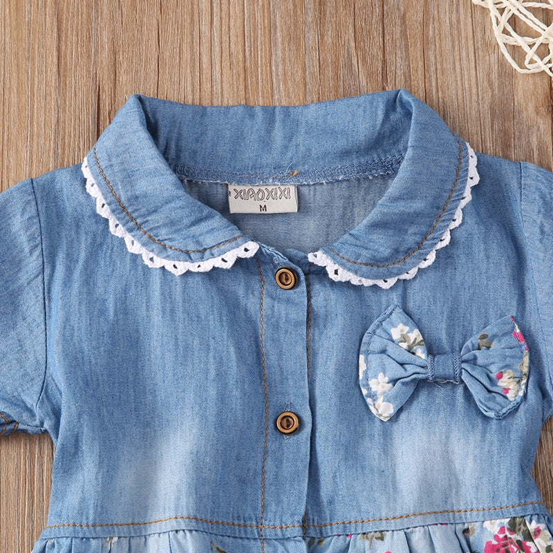 Baby Girl Summer Flower A-line Princess Denim Dress Party Wedding Pageant Short Sleeve Dresses Clothes 0-4 - ebowsos