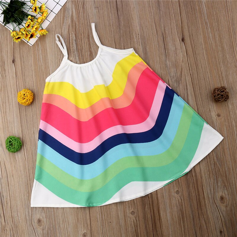 Baby Girl Summer Sleeveless Camisole Casual Knee-Length Dress Rainbow Party Beach Sling Dress - ebowsos