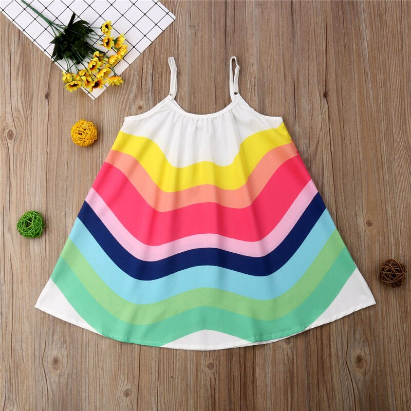 Baby Girl Summer Sleeveless Camisole Casual Knee-Length Dress Rainbow Party Beach Sling Dress - ebowsos