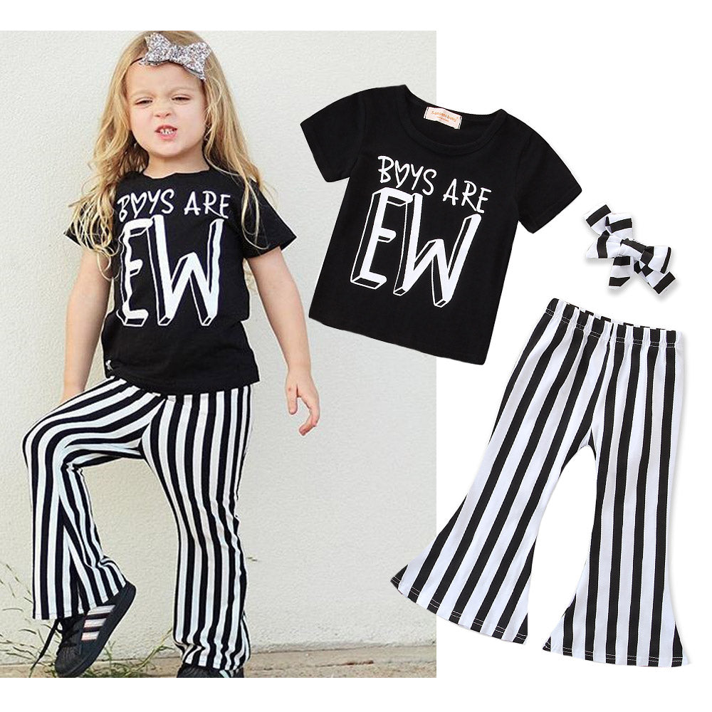 Baby Girl Tops Striped Bell-Bottomed Pants 3Pcs Sunsuit Outfit Summer - ebowsos