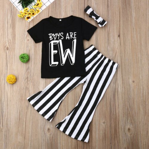 Baby Girl Tops Striped Bell-Bottomed Pants 3Pcs Sunsuit Outfit Summer - ebowsos