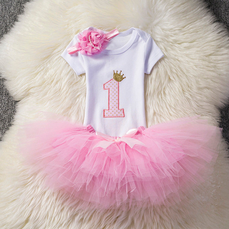 Baby Girls 1th Birthday Dress Rompers Tutu Skirt Headband Outfit Clothes Se - ebowsos