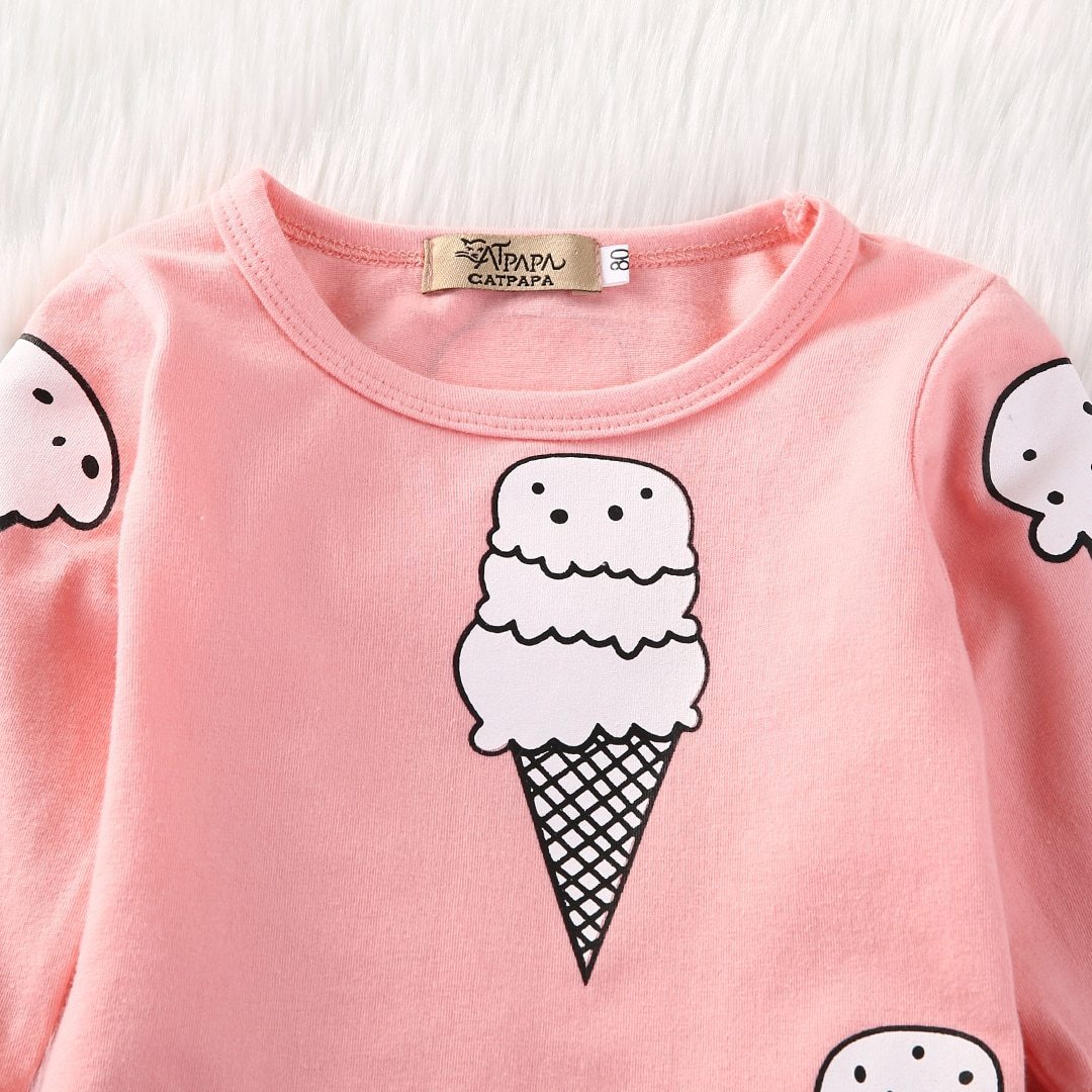 Baby Girls Cartoon Ice CreamLong Sleeve Cotton T-shirt +Long Pants Outfit Set Clothes 0-24 M - ebowsos