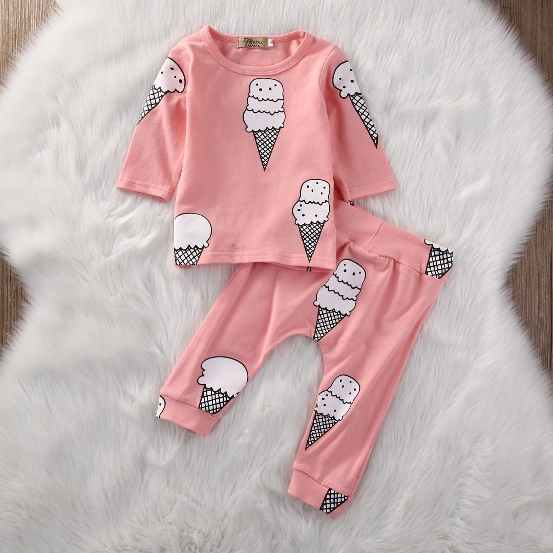 Baby Girls Cartoon Ice CreamLong Sleeve Cotton T-shirt +Long Pants Outfit Set Clothes 0-24 M - ebowsos