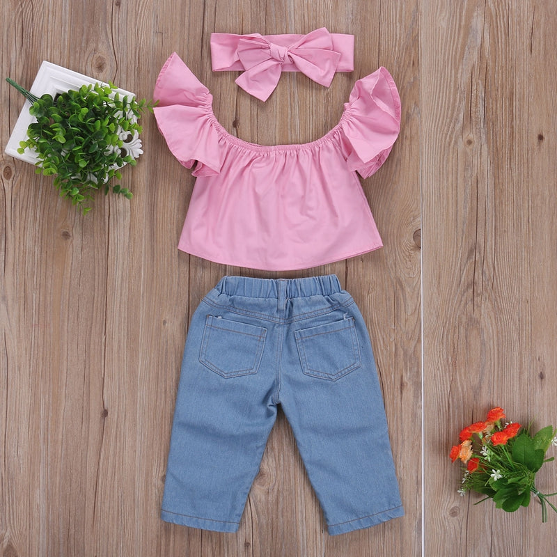 Baby Girls Children Sets Broken Hole Pants Kids Baby Girls Toddler Off Shoulder Tops Denim Pants Outfits Set Clothes - ebowsos