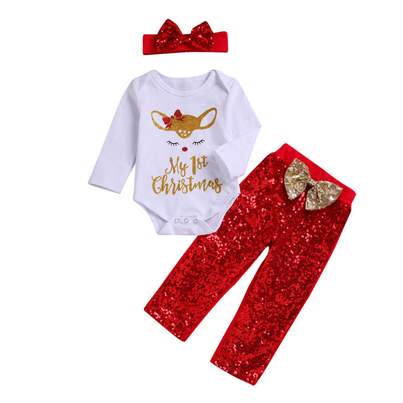 Baby Girls Christmas Suit Clothes Deer Cartoon Romper+fashion Bright gold pants+Headband 3Pcs Autumn Clothing - ebowsos