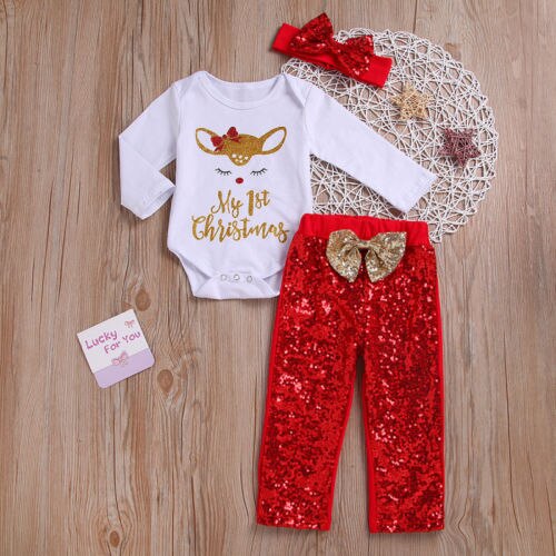 Baby Girls Christmas Suit Clothes Deer Cartoon Romper+fashion Bright gold pants+Headband 3Pcs Autumn Clothing - ebowsos