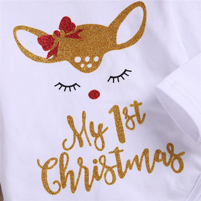 Baby Girls Christmas Suit Clothes Deer Cartoon Romper+fashion Bright gold pants+Headband 3Pcs Autumn Clothing - ebowsos