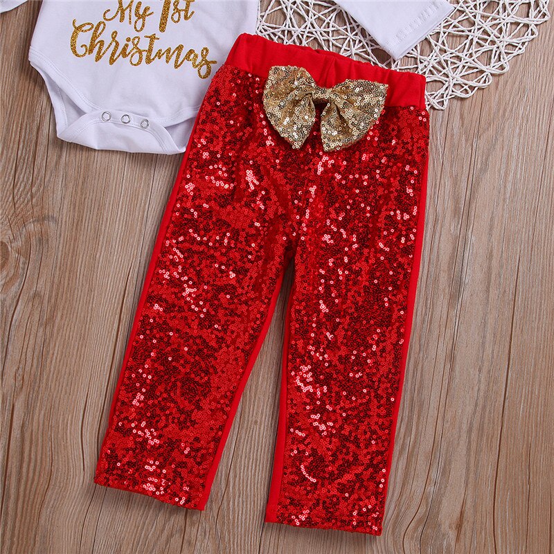 Baby Girls Christmas Suit Clothes Deer Cartoon Romper+fashion Bright gold pants+Headband 3Pcs Autumn Clothing - ebowsos