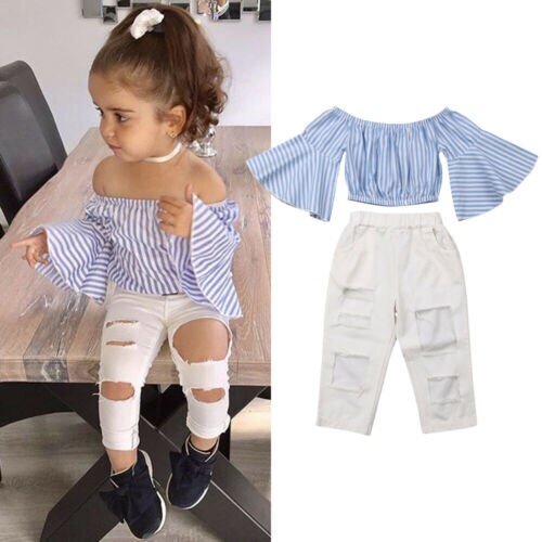 Baby Girls Clothes 2Pcs Striped Flare Tops Off Shoulder T Shirt+Ripped White Hole Pants Clothes - ebowsos