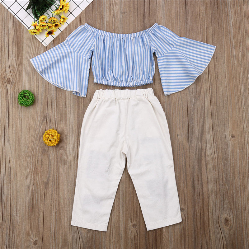 Baby Girls Clothes 2Pcs Striped Flare Tops Off Shoulder T Shirt+Ripped White Hole Pants Clothes - ebowsos