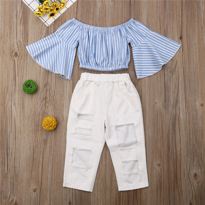 Baby Girls Clothes 2Pcs Striped Flare Tops Off Shoulder T Shirt+Ripped White Hole Pants Clothes - ebowsos