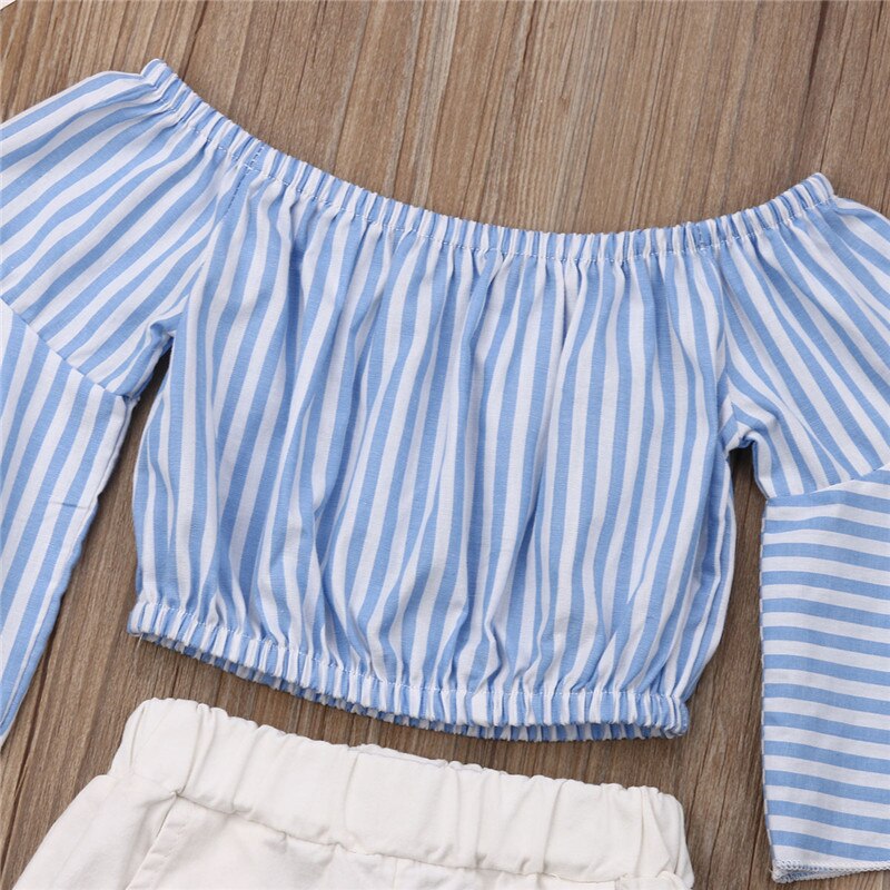 Baby Girls Clothes 2Pcs Striped Flare Tops Off Shoulder T Shirt+Ripped White Hole Pants Clothes - ebowsos