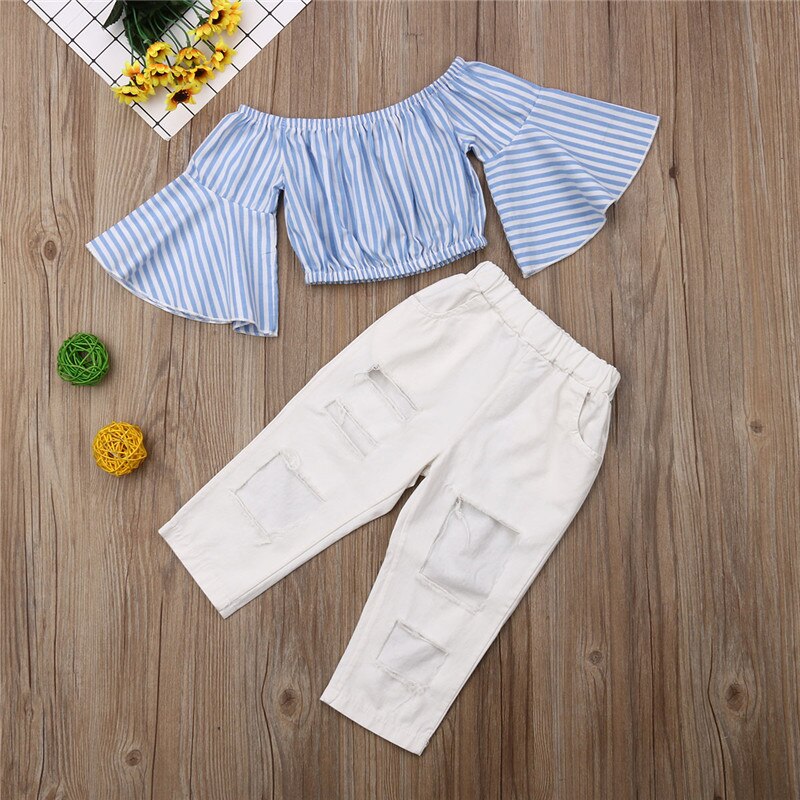 Baby Girls Clothes 2Pcs Striped Flare Tops Off Shoulder T Shirt+Ripped White Hole Pants Clothes - ebowsos