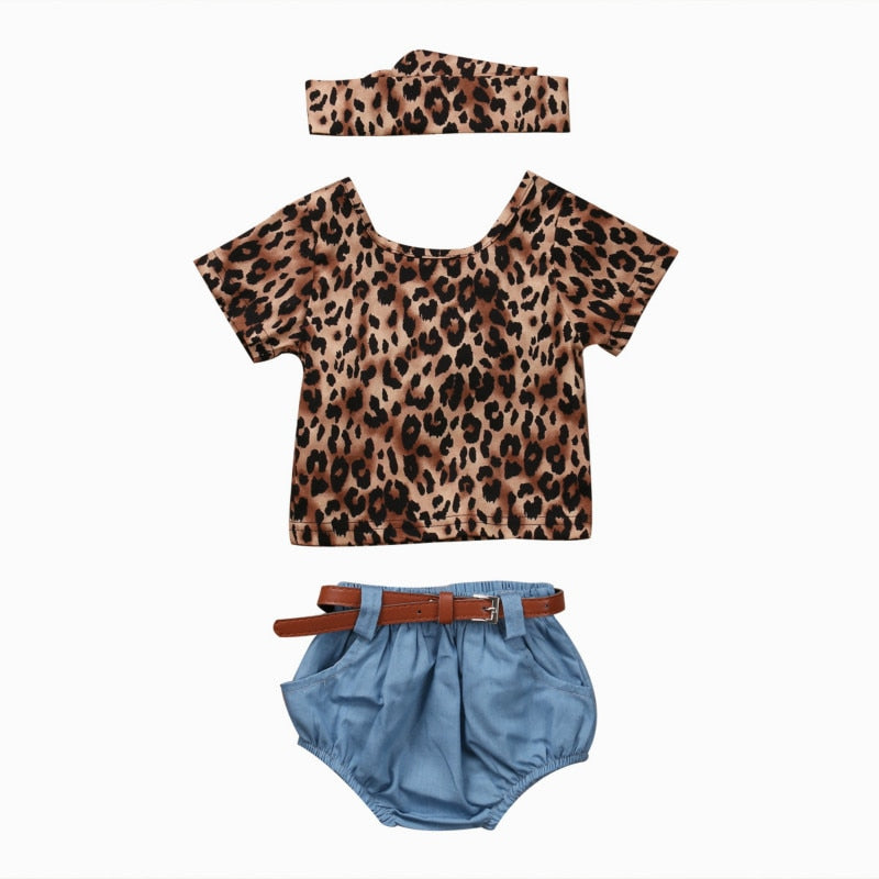 Baby Girls Clothes Backless Leopard T-shirt Tops+Denim Shorts Bloomers Headband Bebek Giyim - ebowsos