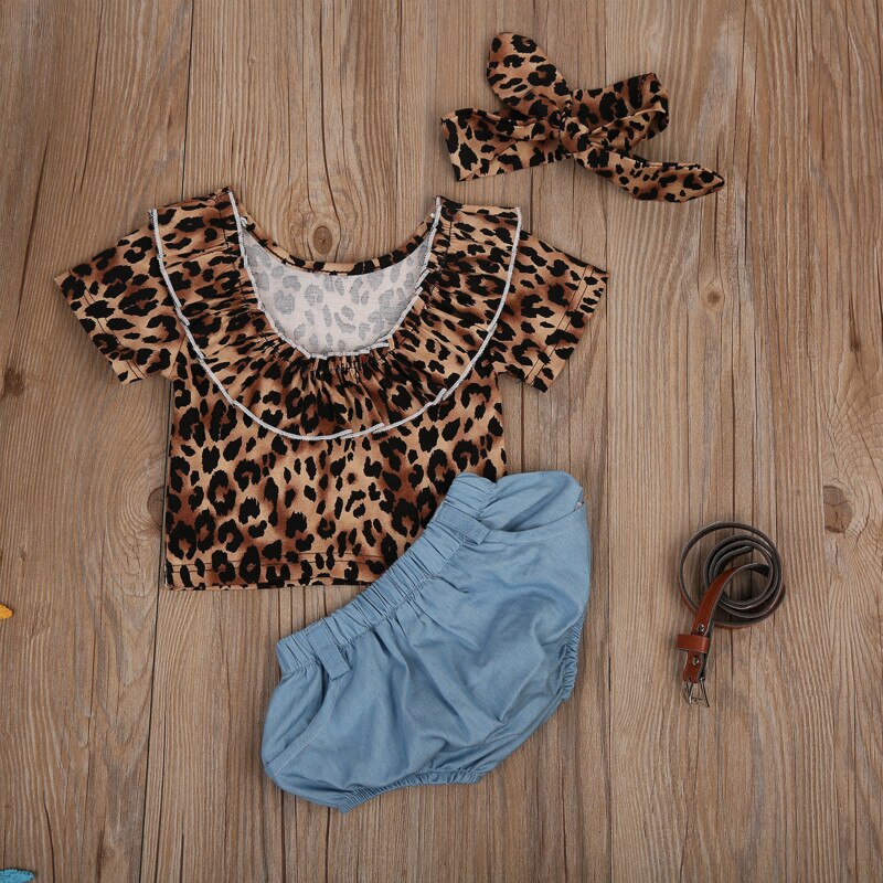 Baby Girls Clothes Backless Leopard T-shirt Tops+Denim Shorts Bloomers Headband Bebek Giyim - ebowsos