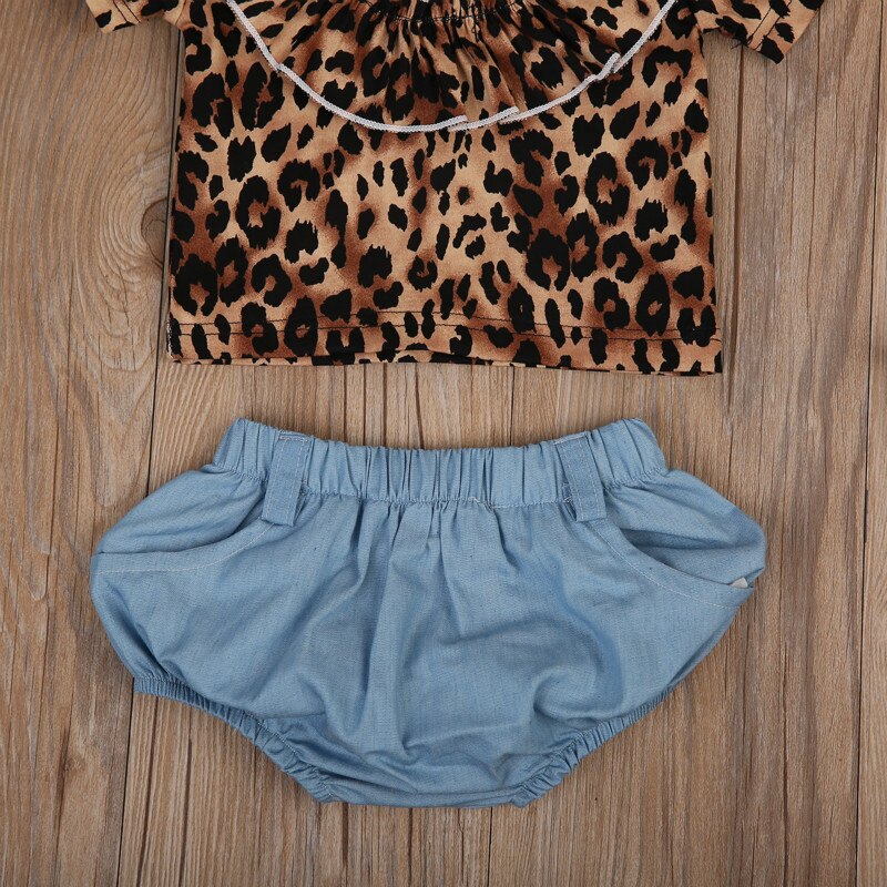 Baby Girls Clothes Backless Leopard T-shirt Tops+Denim Shorts Bloomers Headband Bebek Giyim - ebowsos