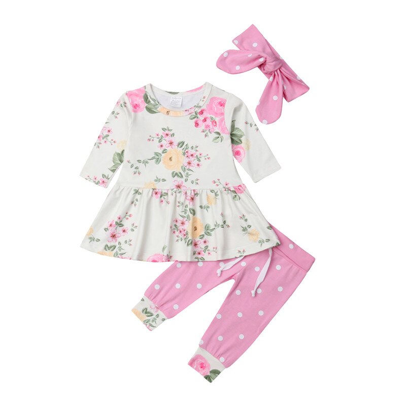 Baby Girls Clothes Sets Floral Tops Long Sleeve Dress Pants Headband 3pcs Outfits Clothes Baby Girl 0-24M - ebowsos