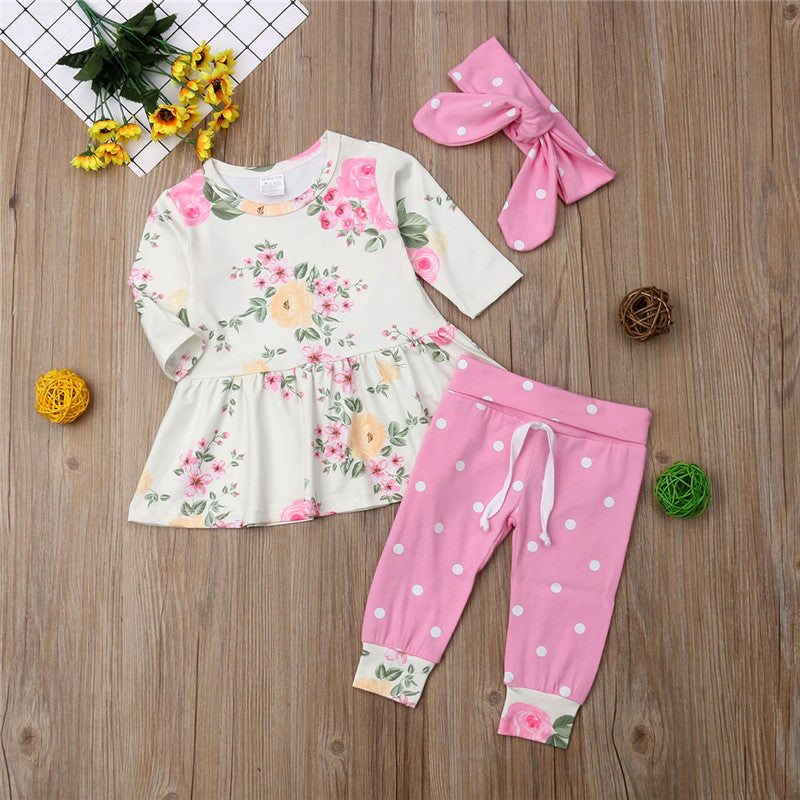 Baby Girls Clothes Sets Floral Tops Long Sleeve Dress Pants Headband 3pcs Outfits Clothes Baby Girl 0-24M - ebowsos