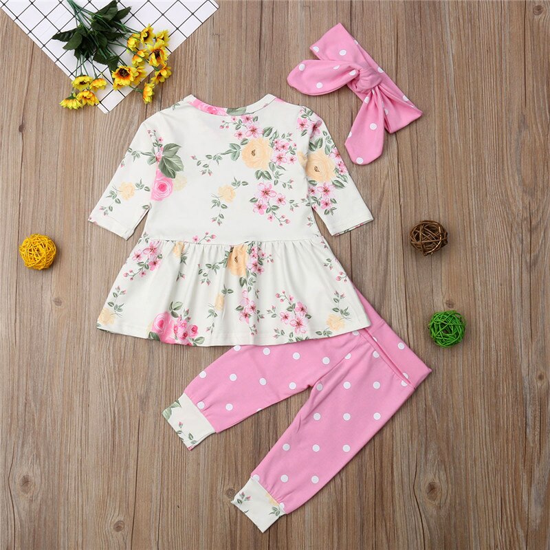 Baby Girls Clothes Sets Floral Tops Long Sleeve Dress Pants Headband 3pcs Outfits Clothes Baby Girl 0-24M - ebowsos