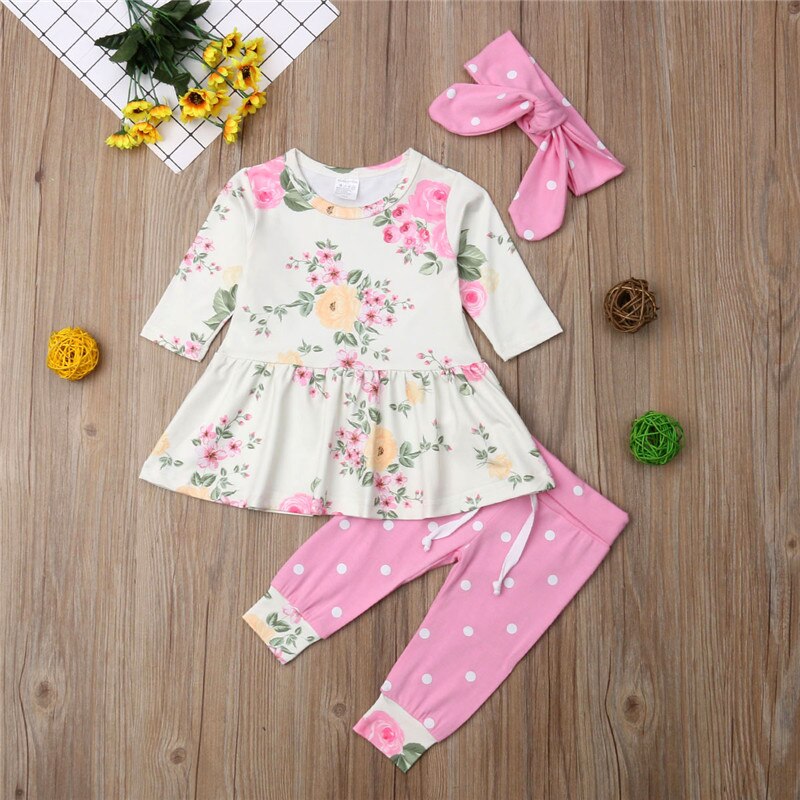 Baby Girls Clothes Sets Floral Tops Long Sleeve Dress Pants Headband 3pcs Outfits Clothes Baby Girl 0-24M - ebowsos