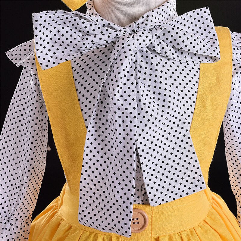 Baby Girls Clothes Sleeve Polka Dot Bowknot Blouse Tops Button Suspender Skirt Overall Headband Kids Girl Clothing 3Pcs Set - ebowsos