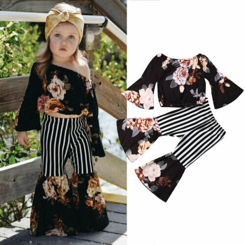 Baby Girls Clothes off shoulder Flower print long sleeve pullover T-shirts striped Geometry Pants 2pc lovely Outfit - ebowsos