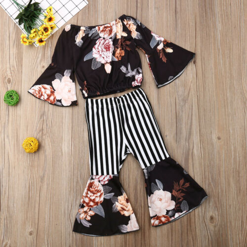 Baby Girls Clothes off shoulder Flower print long sleeve pullover T-shirts striped Geometry Pants 2pc lovely Outfit - ebowsos