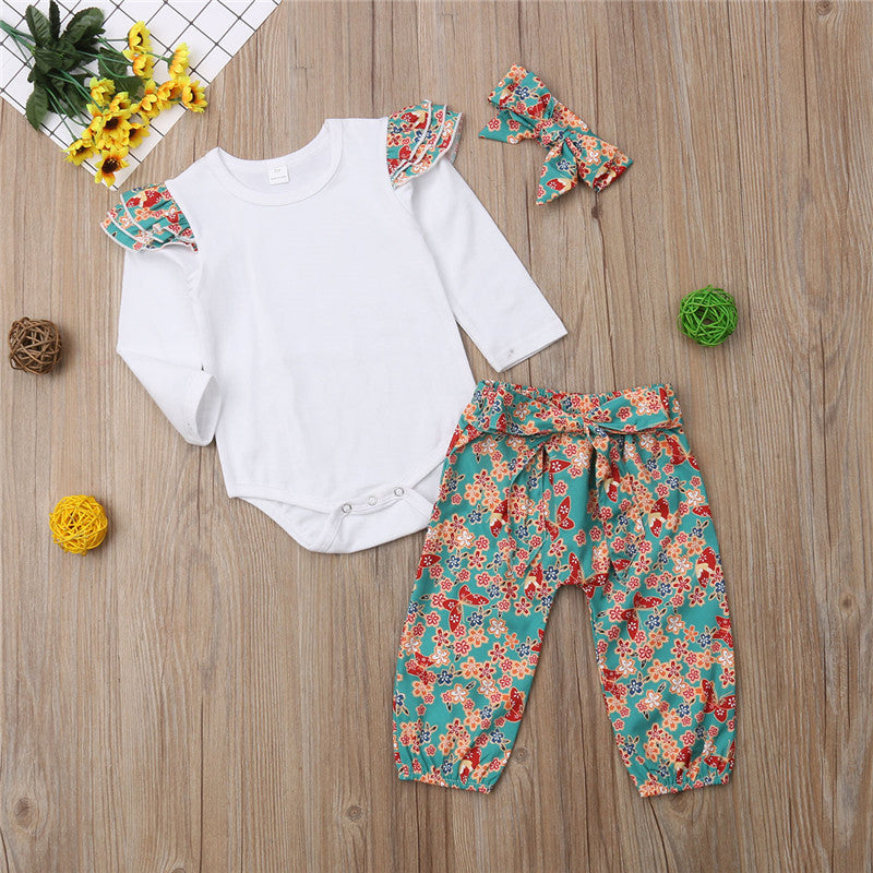 Baby Girls Clothing bebe girl casual Outfits Clothes cotton Long Sleeve Tops Romper Pants Headband Sets - ebowsos