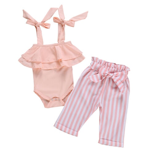 Baby Girls Cotton Clothes Princess Baby Girls Sleeveless Sling Ruffles Romper Tops Bow Striped Pants 2Pcs Summer Outfits - ebowsos