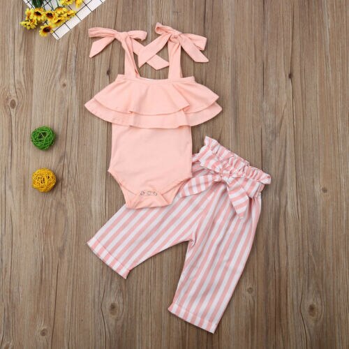 Baby Girls Cotton Clothes Princess Baby Girls Sleeveless Sling Ruffles Romper Tops Bow Striped Pants 2Pcs Summer Outfits - ebowsos