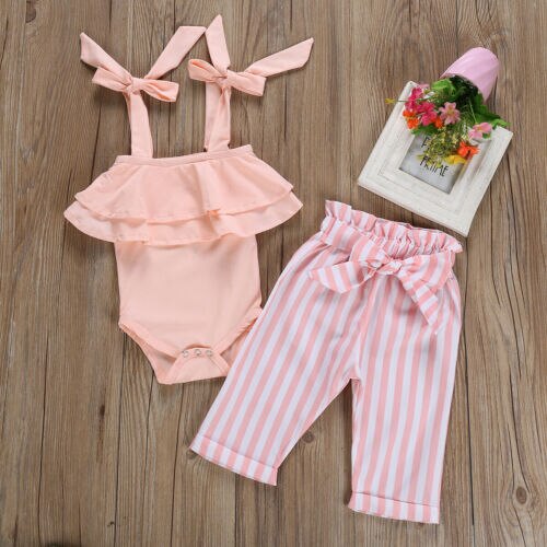 Baby Girls Cotton Clothes Princess Baby Girls Sleeveless Sling Ruffles Romper Tops Bow Striped Pants 2Pcs Summer Outfits - ebowsos