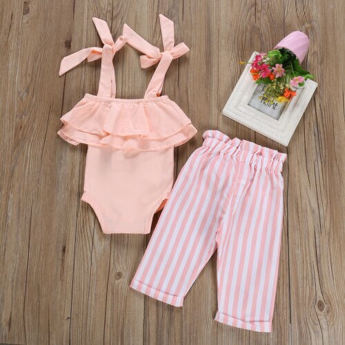 Baby Girls Cotton Clothes Princess Baby Girls Sleeveless Sling Ruffles Romper Tops Bow Striped Pants 2Pcs Summer Outfits - ebowsos