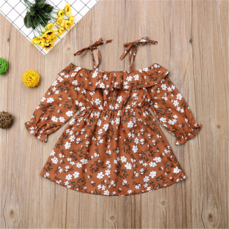 Baby Girls Cotton Long Sleeve Floral Off Shoulder Dress Toddler Princess Party Dresses - ebowsos