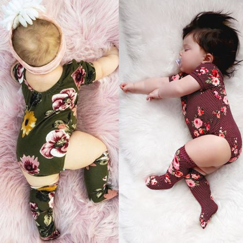 Baby Girls Cotton Romper Outfits Short Sleeve Flower Pullover Jumpsuit Stockings 2Pcs Toddler Clothes - ebowsos