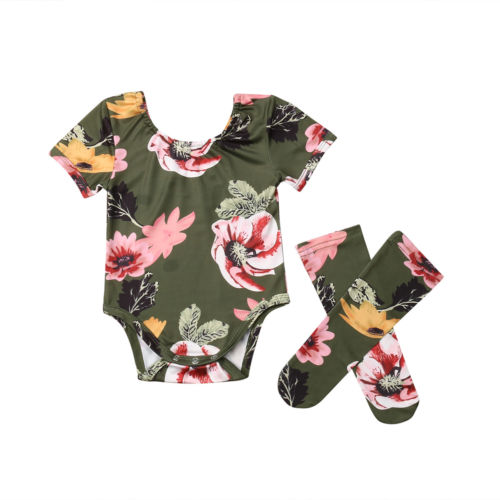 Baby Girls Cotton Romper Outfits Short Sleeve Flower Pullover Jumpsuit Stockings 2Pcs Toddler Clothes - ebowsos