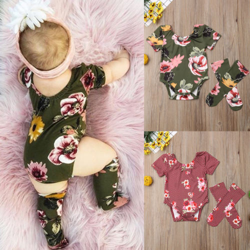 Baby Girls Cotton Romper Outfits Short Sleeve Flower Pullover Jumpsuit Stockings 2Pcs Toddler Clothes - ebowsos