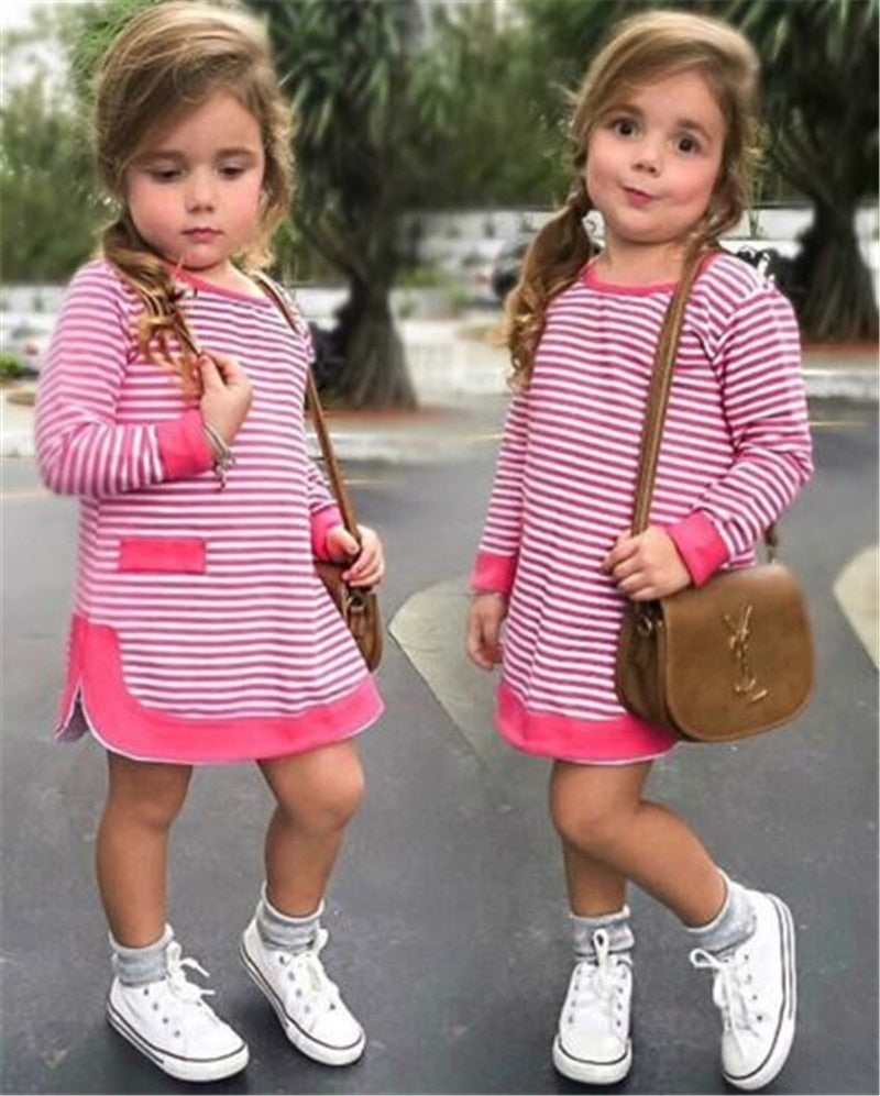 Baby Girls Dress Striped Long Sleeve Loose Princess Party Cotton Casual Kids Dresses - ebowsos