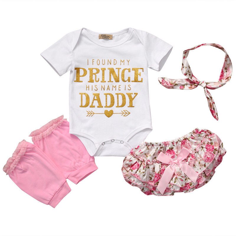 Baby Girls Floral Clothes Sets Golden Words Printing Tops Romper +Cute Shorts Headband Leg Warmer 4PCS Outfits - ebowsos