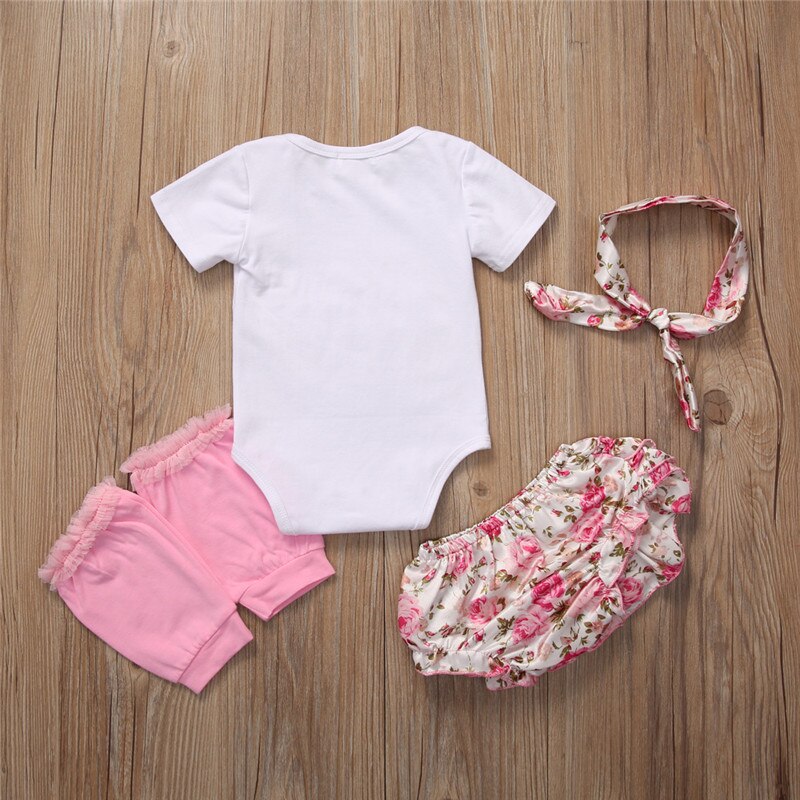 Baby Girls Floral Clothes Sets Golden Words Printing Tops Romper +Cute Shorts Headband Leg Warmer 4PCS Outfits - ebowsos