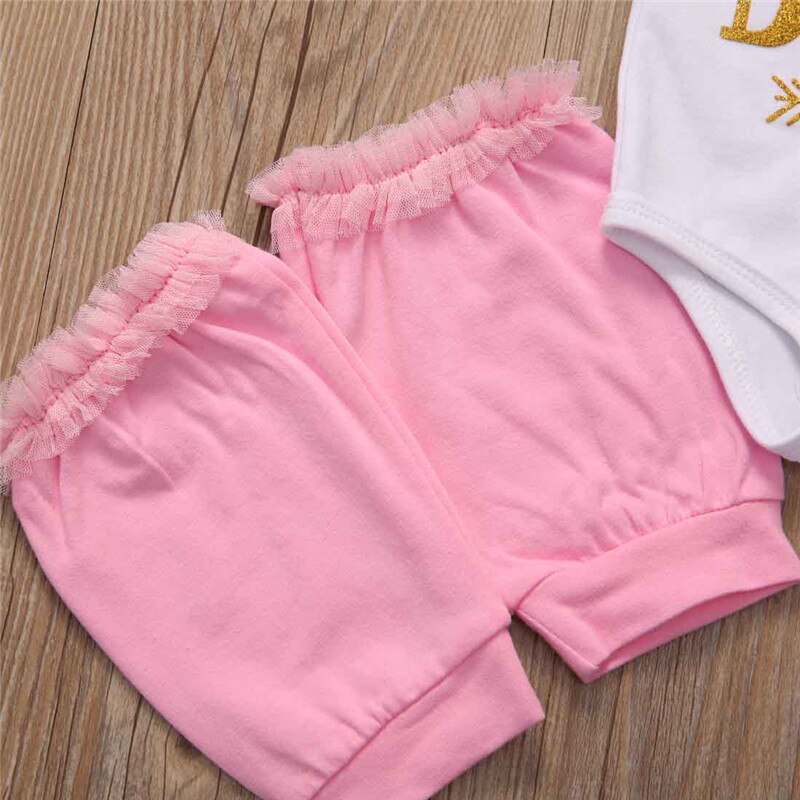 Baby Girls Floral Clothes Sets Golden Words Printing Tops Romper +Cute Shorts Headband Leg Warmer 4PCS Outfits - ebowsos