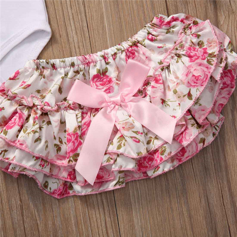 Baby Girls Floral Clothes Sets Golden Words Printing Tops Romper +Cute Shorts Headband Leg Warmer 4PCS Outfits - ebowsos