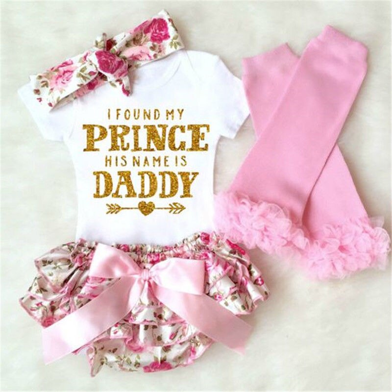 Baby Girls Floral Clothes Sets Golden Words Printing Tops Romper +Cute Shorts Headband Leg Warmer 4PCS Outfits - ebowsos