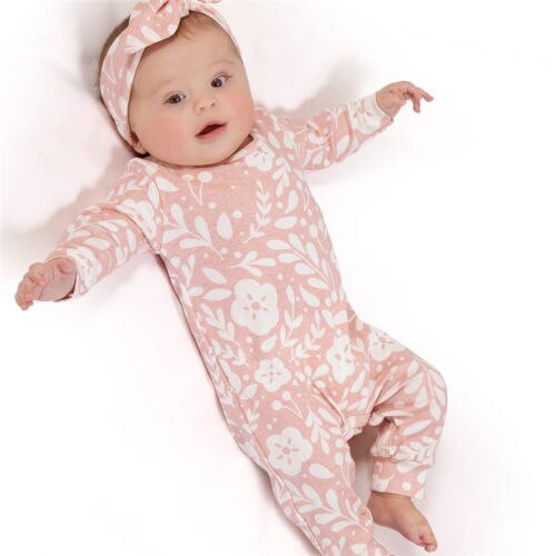 Baby Girls Floral Long Sleeve Romper Jumpsuit Cotton Pajamas Headband Outfits Clothes - ebowsos