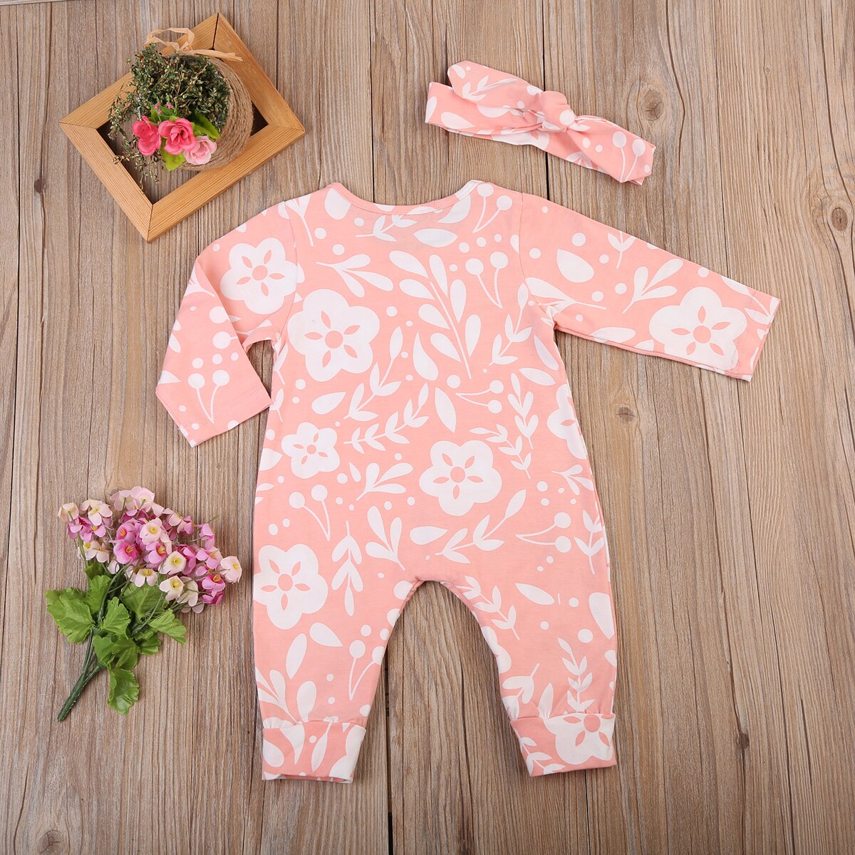 Baby Girls Floral Long Sleeve Romper Jumpsuit Cotton Pajamas Headband Outfits Clothes - ebowsos