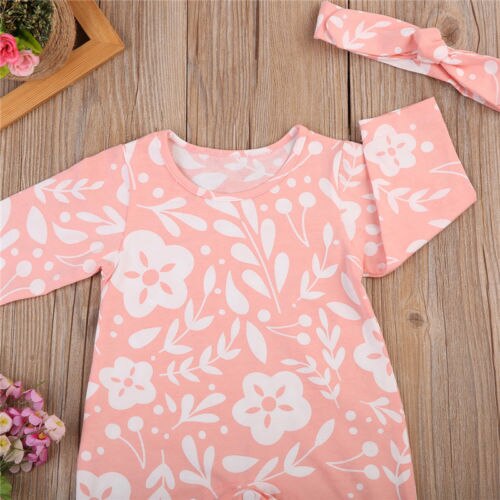 Baby Girls Floral Long Sleeve Romper Jumpsuit Cotton Pajamas Headband Outfits Clothes - ebowsos