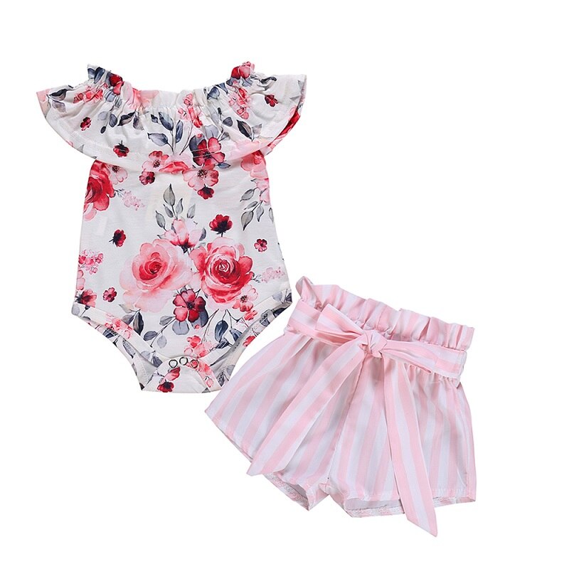 Baby Girls Floral Romper Striped Shorts Pants Sunsuit Summer Newborn Kid 2Pcs Outfit - ebowsos