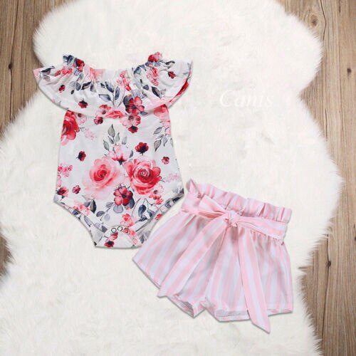 Baby Girls Floral Romper Striped Shorts Pants Sunsuit Summer Newborn Kid 2Pcs Outfit - ebowsos