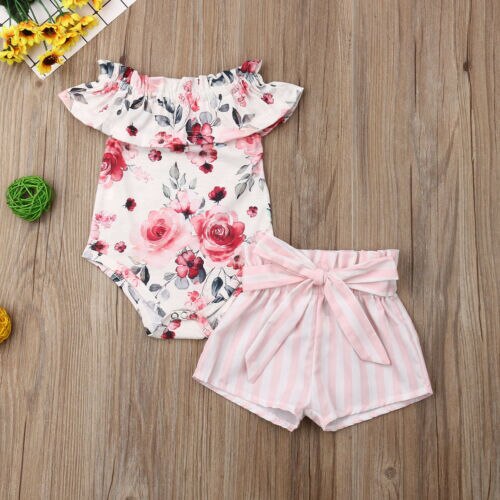 Baby Girls Floral Romper Striped Shorts Pants Sunsuit Summer Newborn Kid 2Pcs Outfit - ebowsos