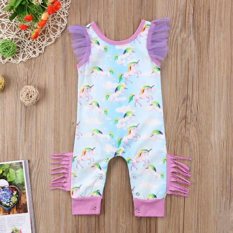 Baby Girls Floral Unicorn Romper Long Sleeve Jumpsuit Summer Children Clothing Outfits Cotton Clothes - ebowsos